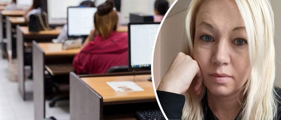 Ett porträtt av Jessika Linde och en genrebild av ett klassrum där eleverna sitter i rader framför sina skärmar