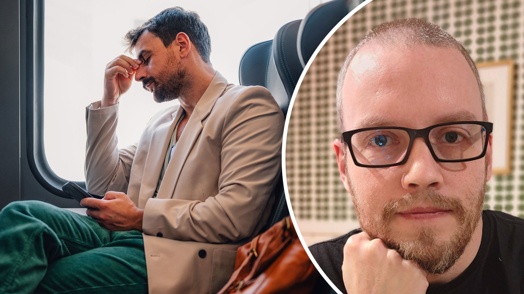 En genrebild av en man som sitter p&#xE5; en buss, koncentrerad p&#xE5; mobilen i sin hand, stressat uttryck, och ett portr&#xE4;tt av Nils Legge
