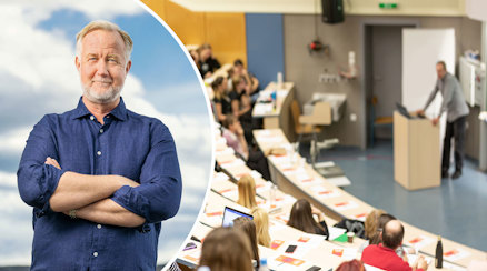 En bild på Johan Pehrson och en föreläsning i en universitetssal.