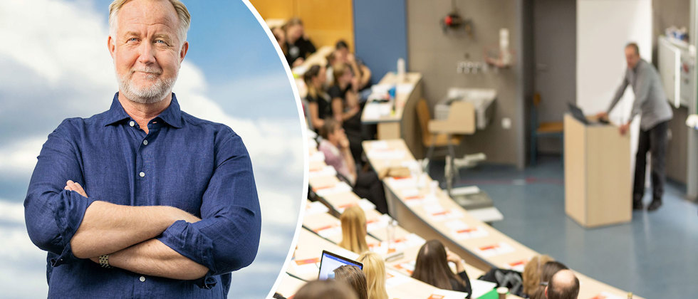 En bild på Johan Pehrson och en föreläsning i en universitetssal.