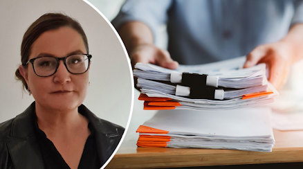 Forskaren Johanna Lüddeckens och en bild på en hög med dokument