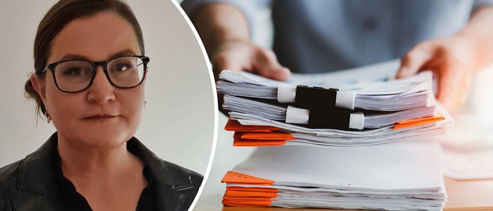 Forskaren Johanna Lüddeckens och en bild på en hög med dokument