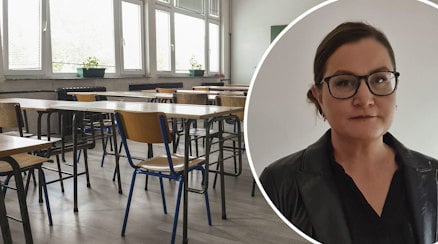 Bild på forskaren Johanna Lüddeckens och ett tomt klassrum