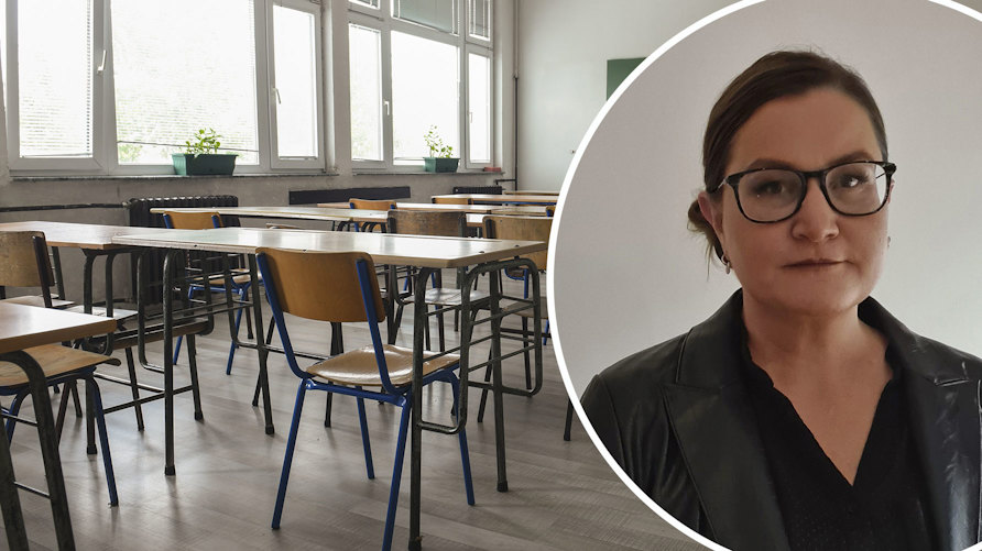 Bild på forskaren Johanna Lüddeckens och ett tomt klassrum