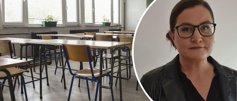 Bild på forskaren Johanna Lüddeckens och ett tomt klassrum
