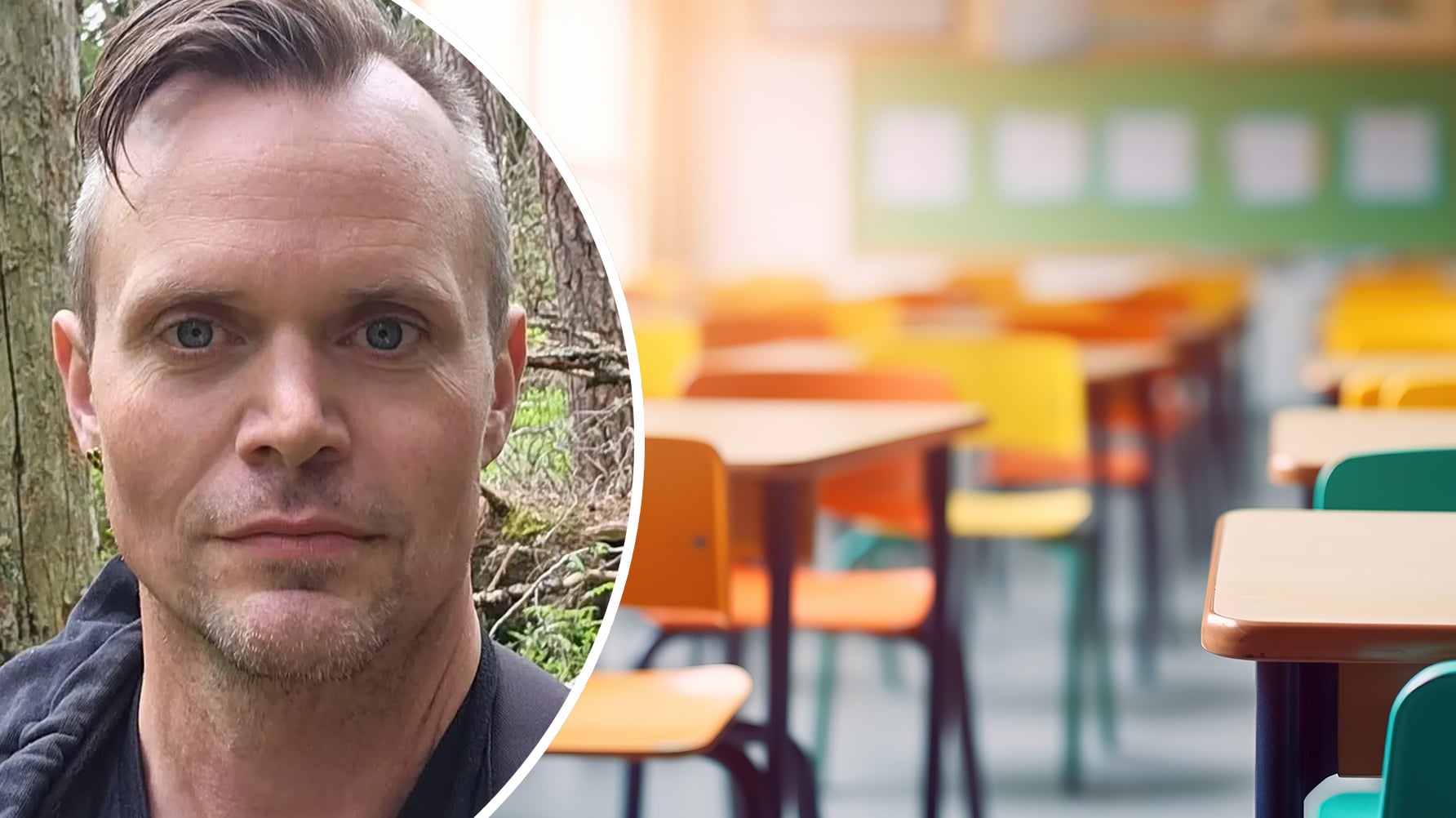 Ett porträtt av John Allvin till vänster, till höger en genrebild av ett tomt klassrum