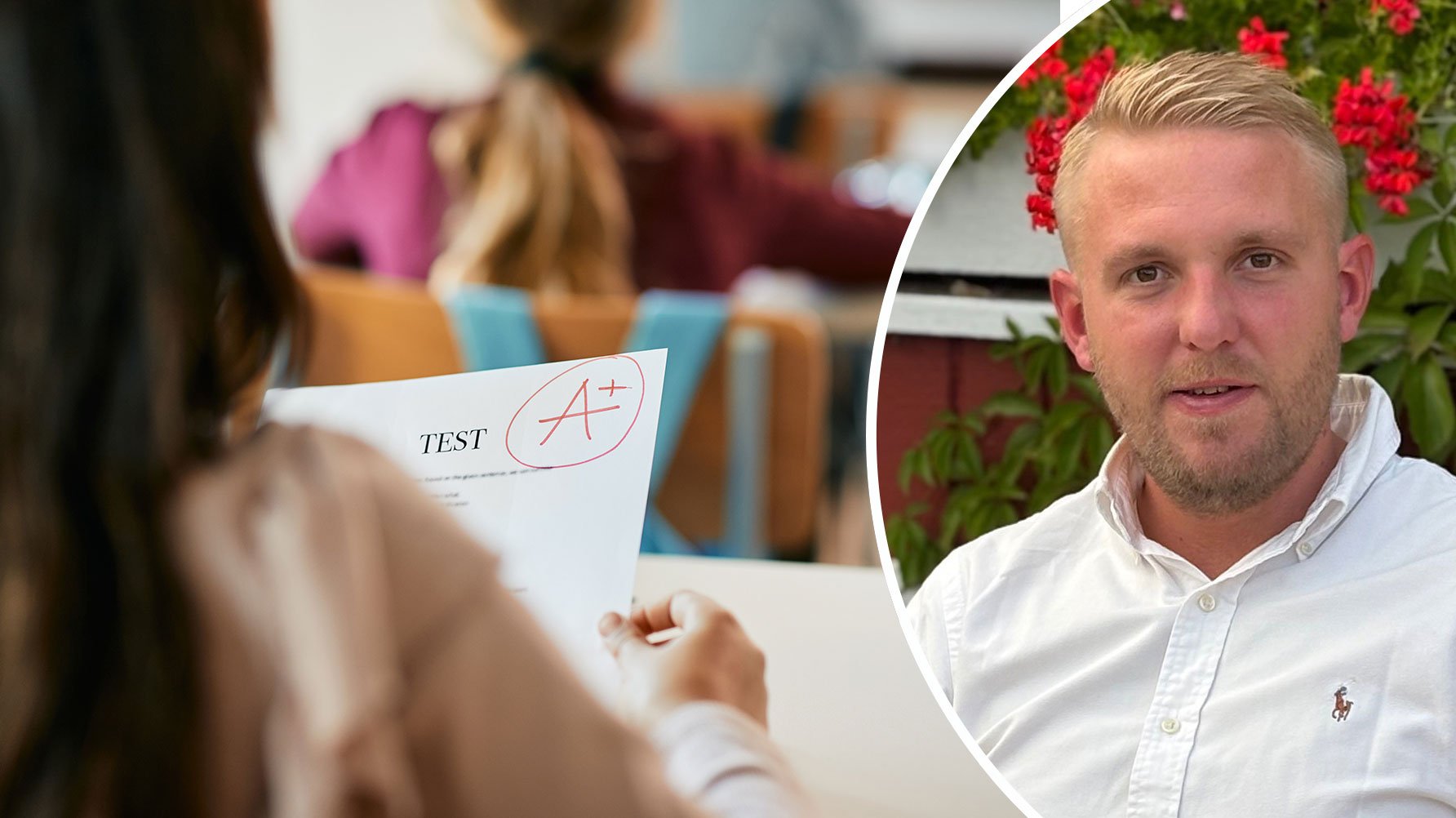 En genrebild av en elev som håller ett prov med betyget ”A" skrivet, och ett runt infällt porträtt av Jonas Swensson till höger