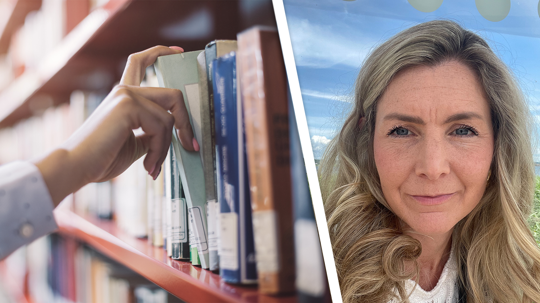 En genrebild av en hand som plockar en bok ur en hylla, till höger ett porträtt av Josefin Gennerud