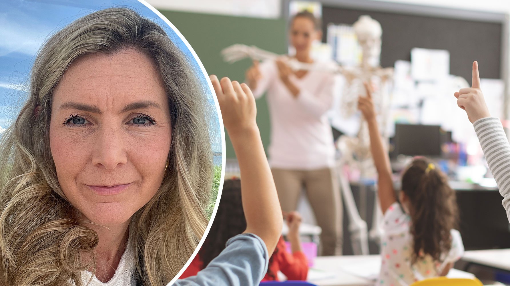 Ett porträtt av Josefin Gennerud och en genrebild från en lektion, en lärare demonstrerar ett föremål för en klass