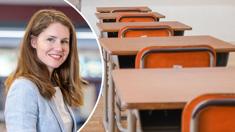 En närbild av Josefin Malmqvist och en genrebild av ett tomt klassrum