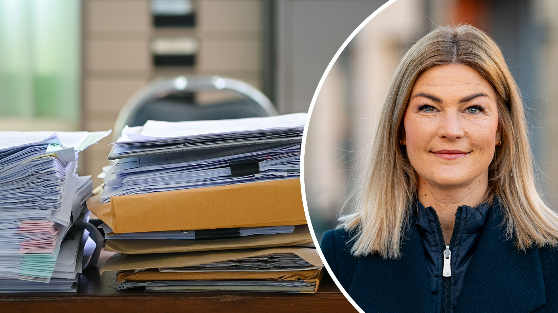 Ett porträtt av Ella Kardemark och en genrebild av ett skrivbord som täcks av pappershögar