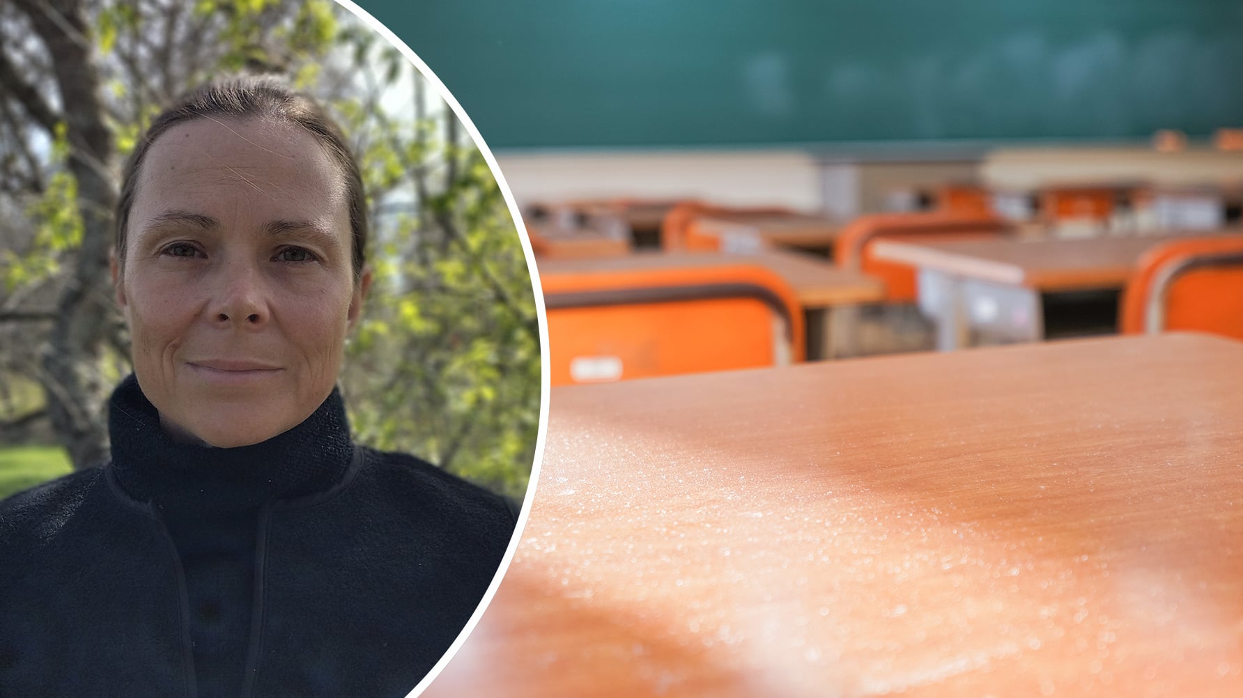 Ett porträtt av Karin Kers till vänster i rund ram och en genrebild av ett tomt klassrum till höger