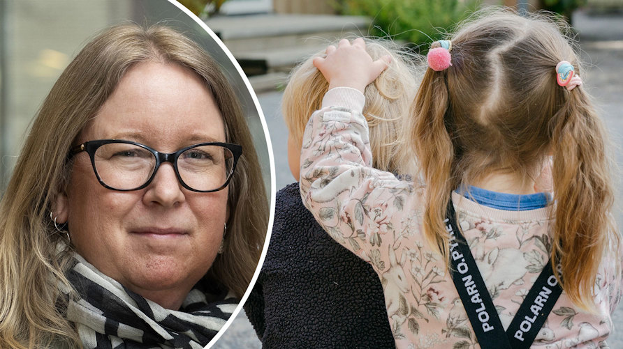 Närbild av Karin Nystås och en bild av två barn i förskoleåldern, det ena barnet håller armen om det andra, de har utekläder och är fotograferade bakifrån