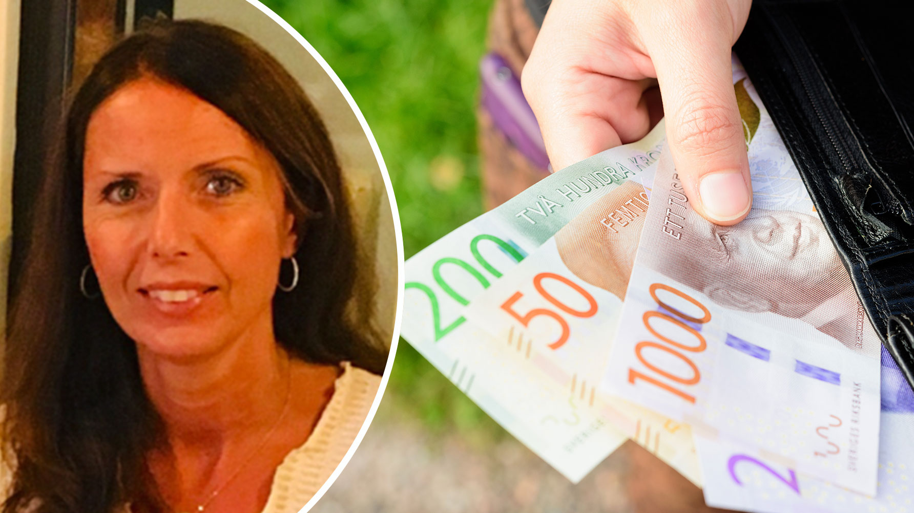 Ett porträtt av Karin Öberg och svenska sedlar i en plånbok