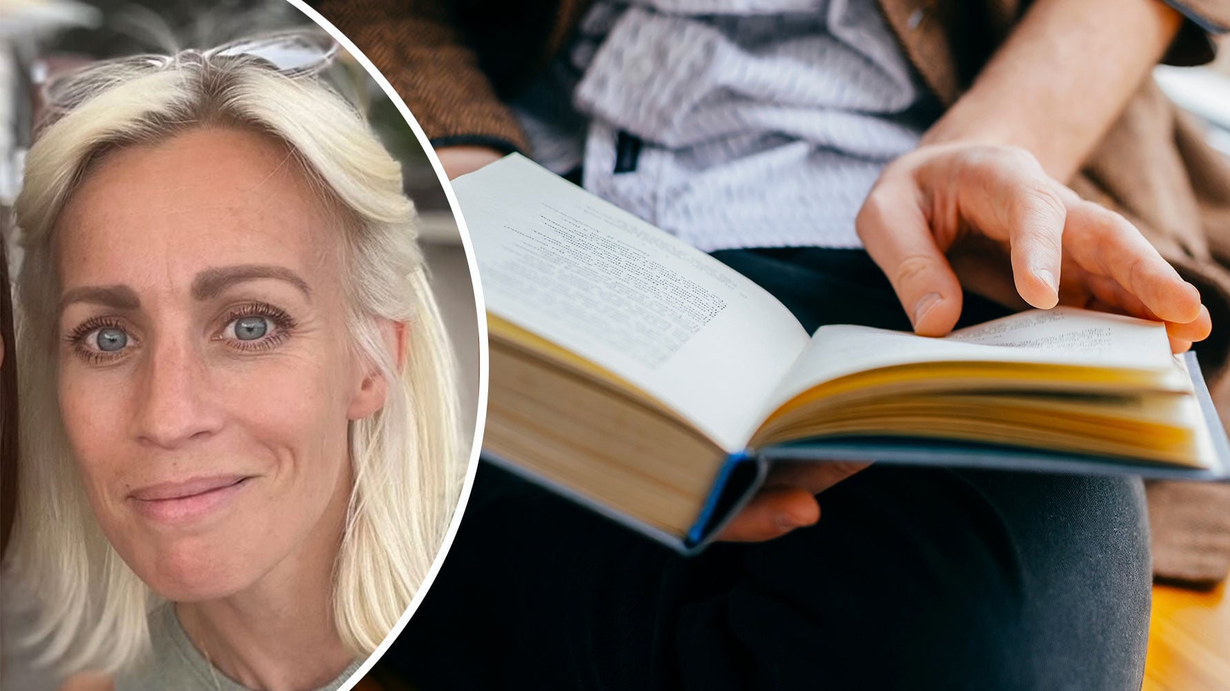 Till vänster ett porträtt av Katarina Falkeborn i rundad ram, till höger en genrebild av en person som håller i en uppslagen bok, man ser bara boken och händerna