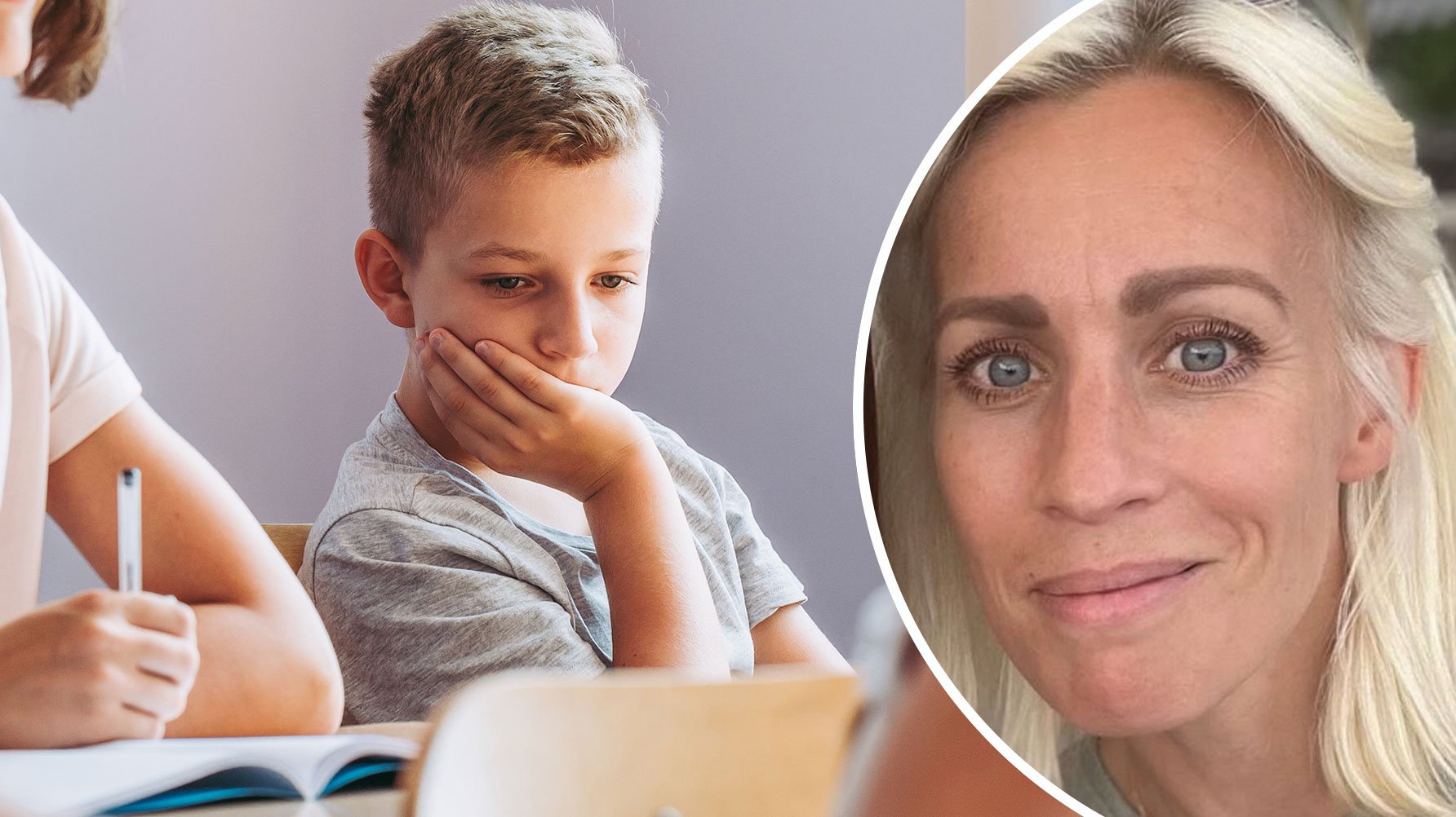 En genrebild av en student med allvarlig min i ett klassrum, och ett porträtt av Katarina Falkeborn