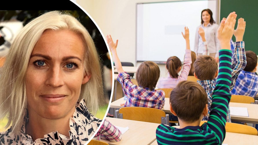 Ett porträtt av Katarina Falkeborn och en genrebild av elever som räcker upp handen på en lektion, en lärare står framme vid tavlan.