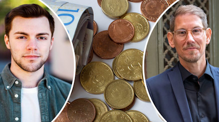 Adam Kedert, ordförande för Sveriges Lärarstudenter, en bild på pengar och Niels Paarup-Petersen (C)