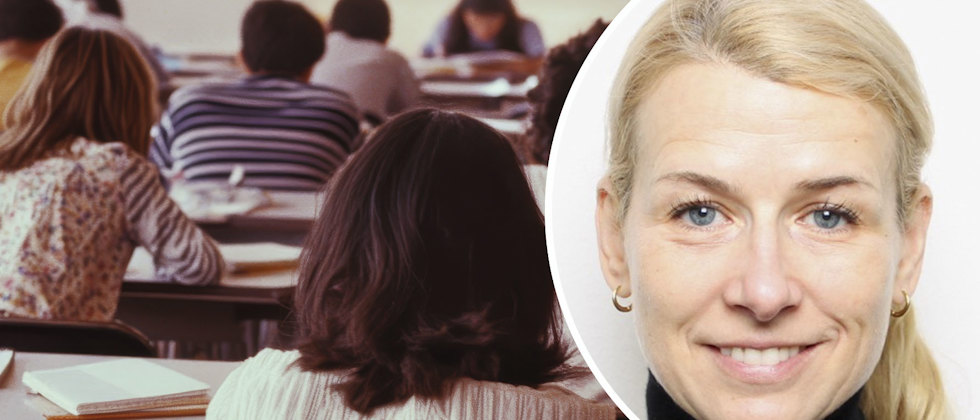 Ett klassrum och en bild på Keili Saluuver