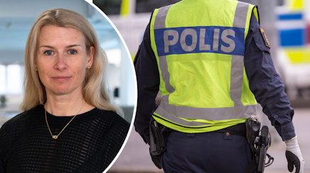 Ett porträtt av Keili Saluveer och en genrebild av en svensk polis fotograferad bakifrån, texten ”polis” på ryggen