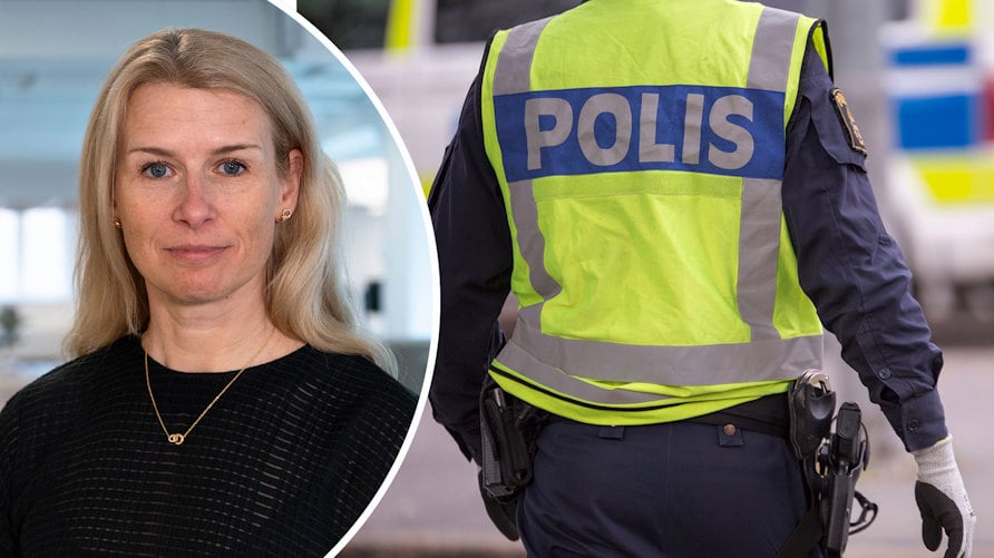 Ett porträtt av Keili Saluveer och en genrebild av en svensk polis fotograferad bakifrån, texten ”polis” på ryggen
