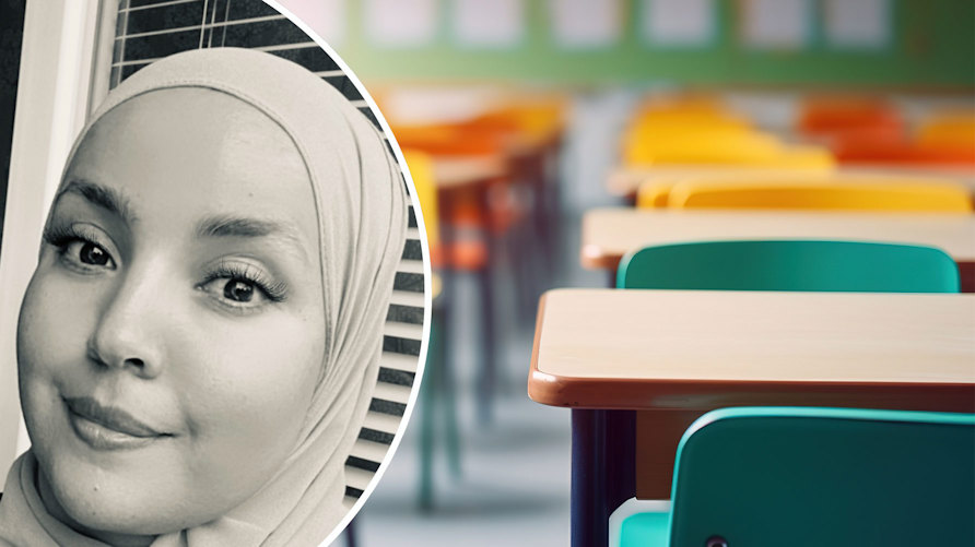 Ett porträtt av Keltoum Bentaher Oulehri och en genrebild av ett klassrum