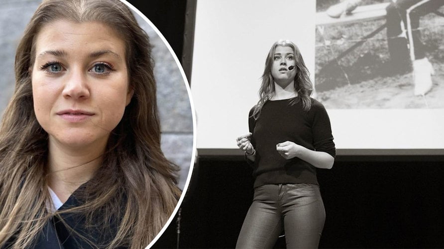 En närbild av Kim Einhorn och ett svartvitt fotografi när hon står på scenen under en föreläsning