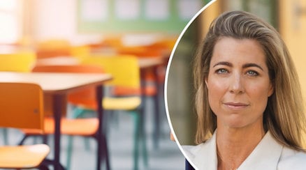 En genrebild av ett klassrum och ett porträtt av Caroline Willaume