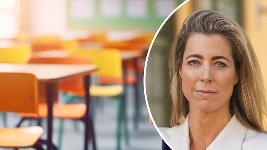 En genrebild av ett klassrum och ett porträtt av Caroline Willaume