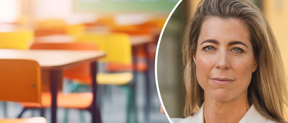 En genrebild av ett klassrum och ett porträtt av Caroline Willaume