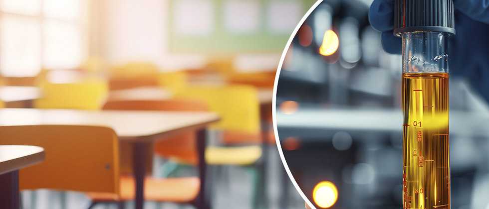 Ett tomt klassrum och en bild av ett provrör med gul vätska, taget i laboratoriemiljö.