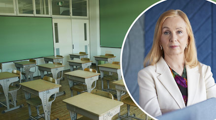 Ett tomt klassrum och Helén Ängmo, generaldirektör för Skolinspektionen