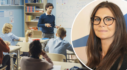 Genrebild av elever i ett klassrum och en närbild av Helena Lanver