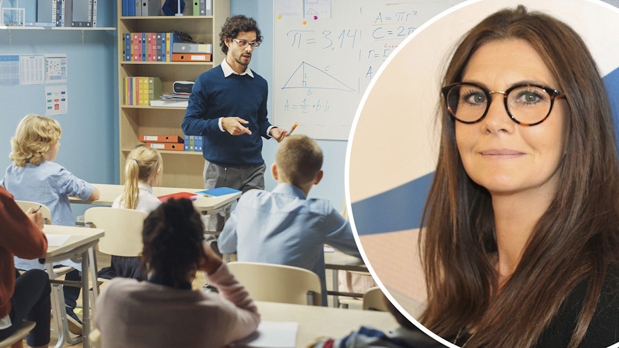 Genrebild av elever i ett klassrum och en närbild av Helena Lanver