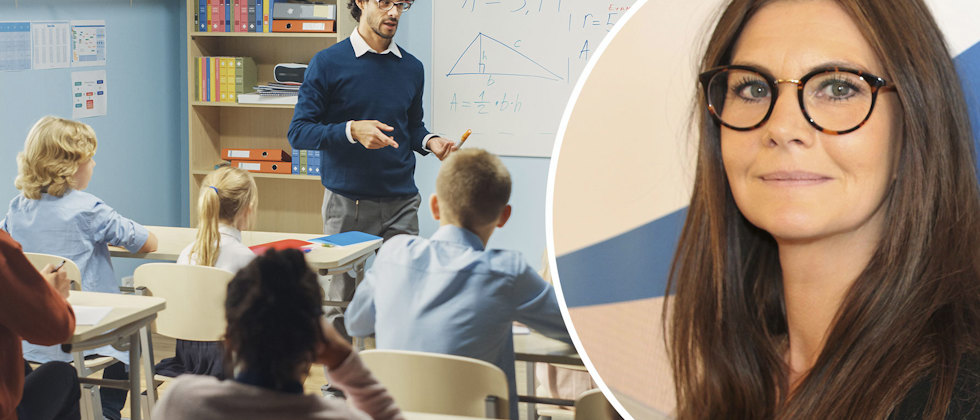 Genrebild av elever i ett klassrum och en närbild av Helena Lanver