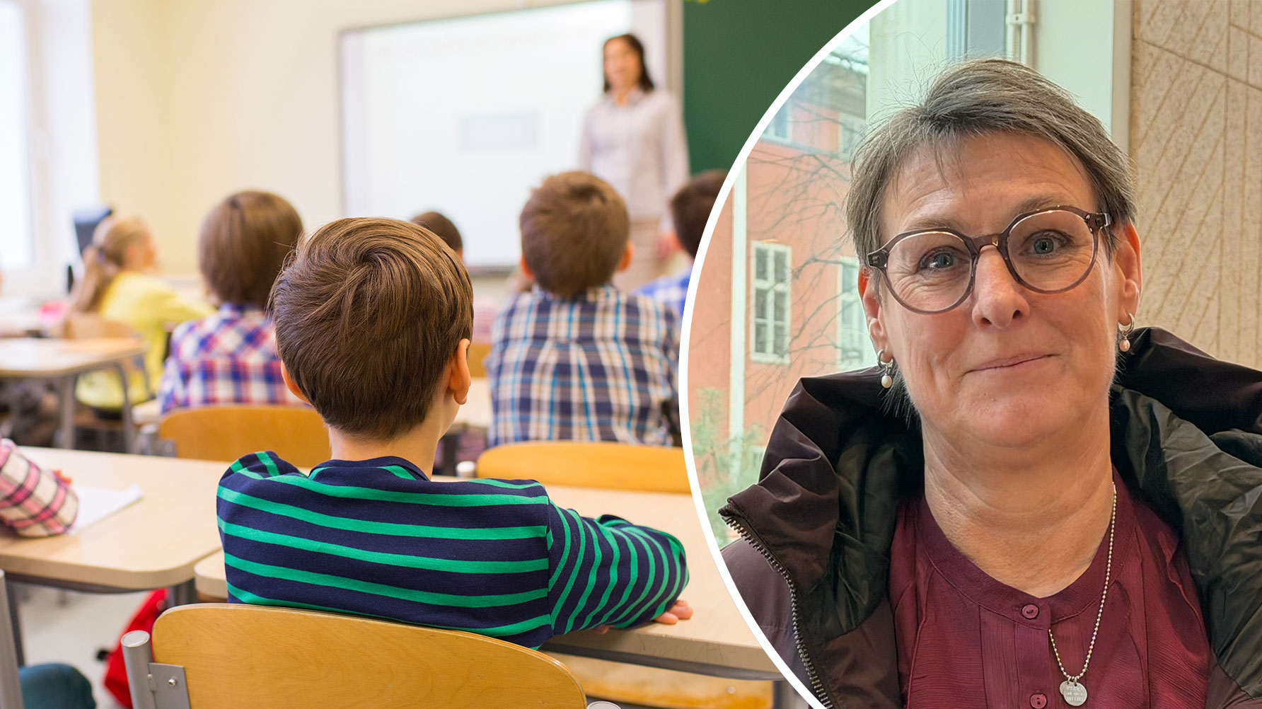 En genrebild av en lektion i ett klassrum, där det pågår lektion. Till höger i bilden finns ett runt infällt porträtt av Jeanette Wahlgren i röd blus och röd kappa.