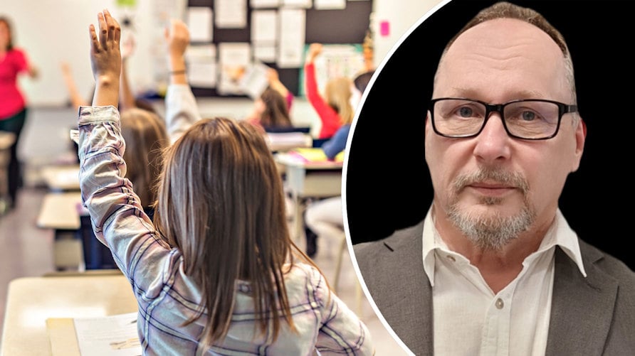 En genrebild av ett klassrum och ett porträtt av Kari Parman