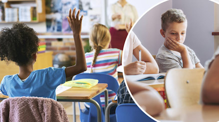 En lektion som pågår i ett klassrum och en närbild på en ledsen elev