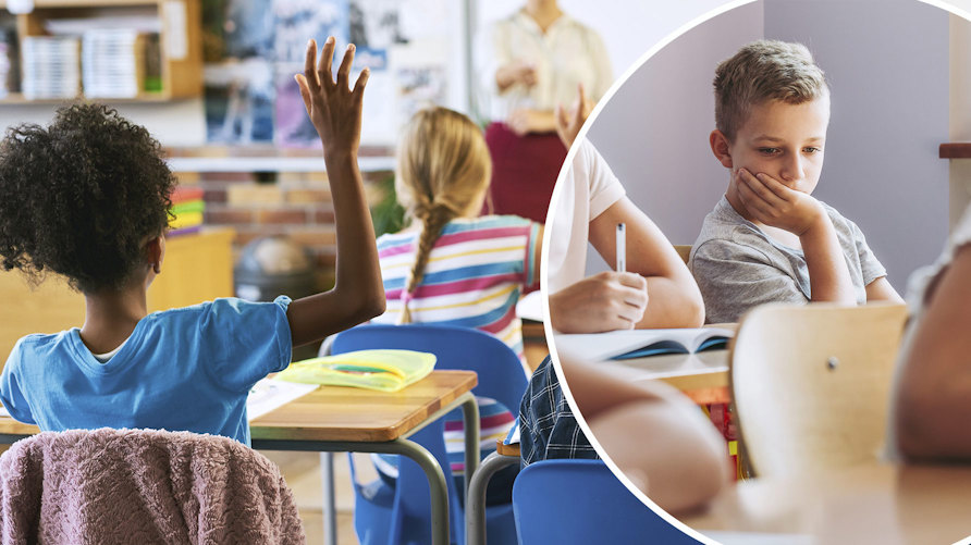 En lektion som pågår i ett klassrum och en närbild på en ledsen elev