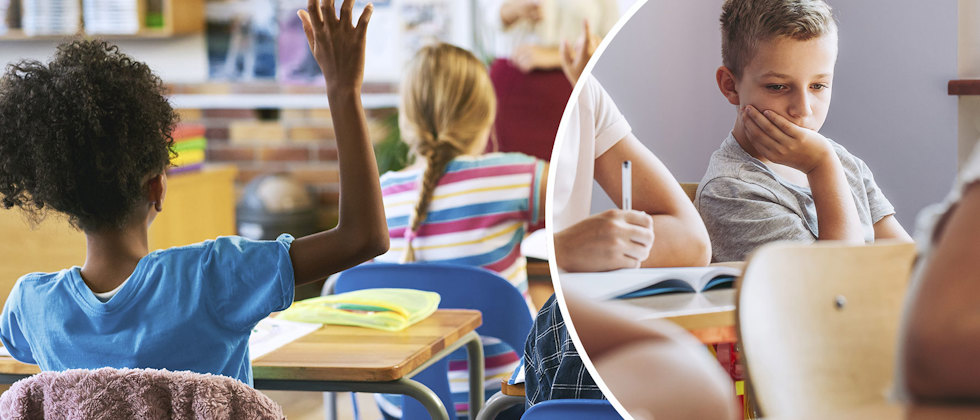 En lektion som pågår i ett klassrum och en närbild på en ledsen elev