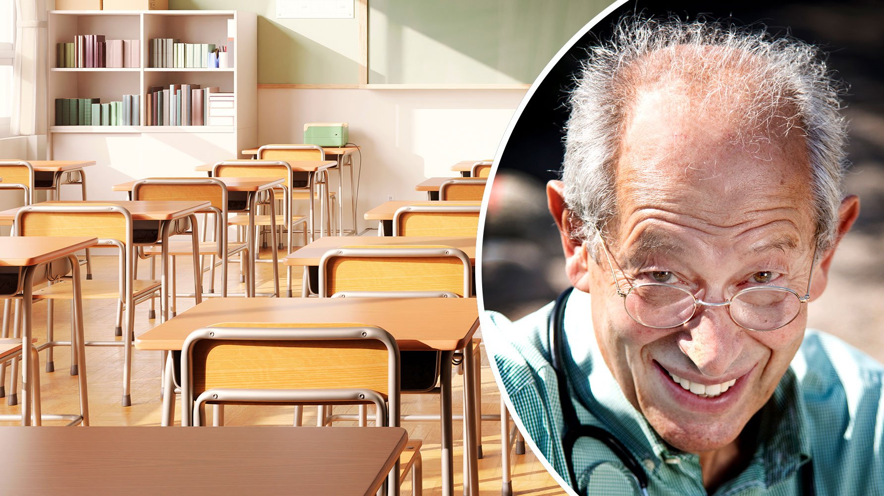 En genrebild av ett tomt klassrum med bänkar i rader och ett porträtt av Josef Milerad i grön skjorta och med stetoskop om halsen