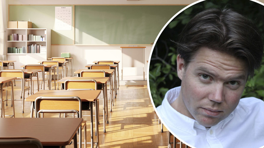 Ett klassrum och ett porträtt av läraren Patrik Andersson