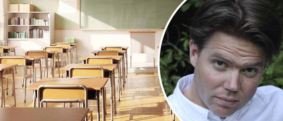 Ett klassrum och ett porträtt av läraren Patrik Andersson