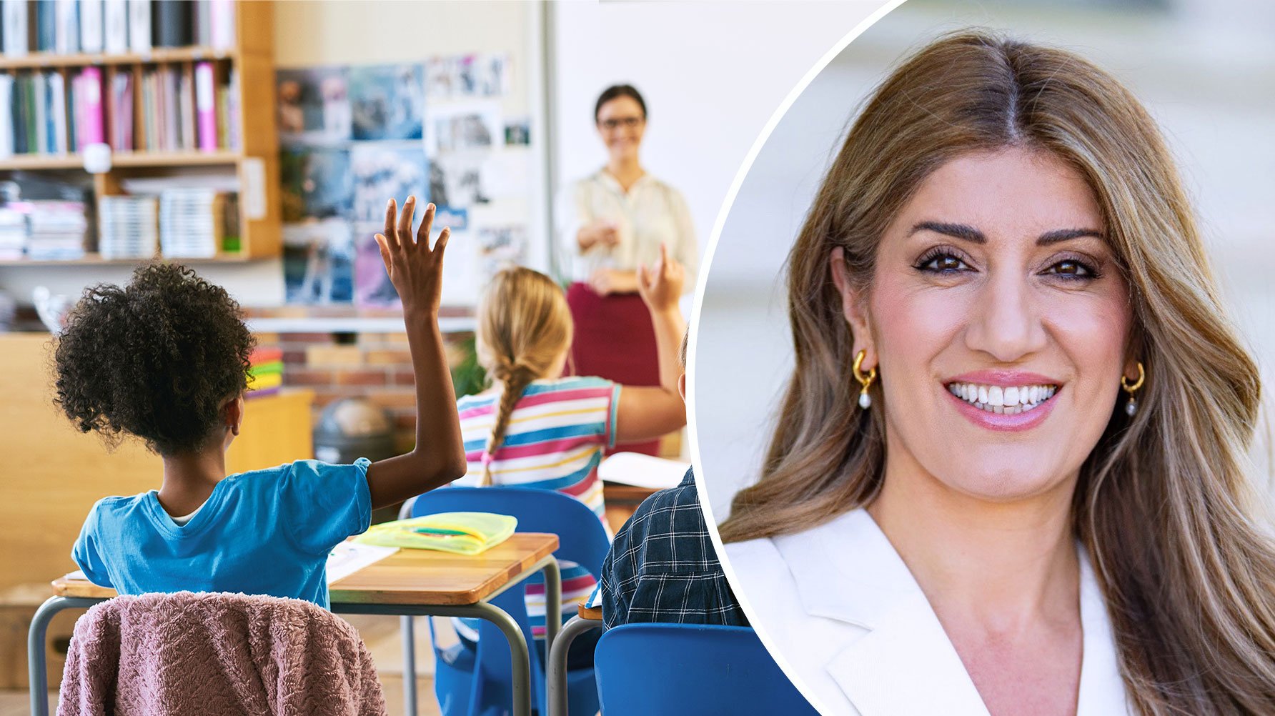 En genrebild av ett klassrum, en lärare vid svarta tavlan, eleverna syns bakifrån, några räcker upp handen och ett porträtt av Shala Osman Sofi
