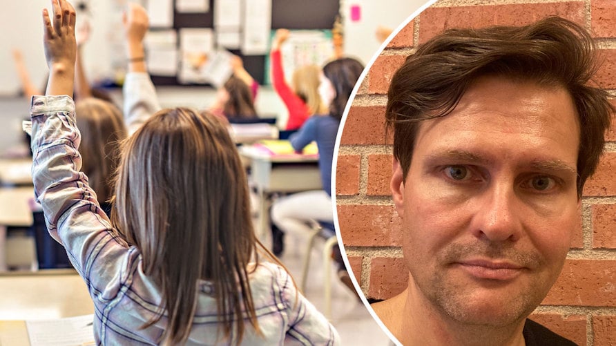 En genrebild från en lektion där ett barn räcker upp handen, och en porträttbild av Viktor Björnberg