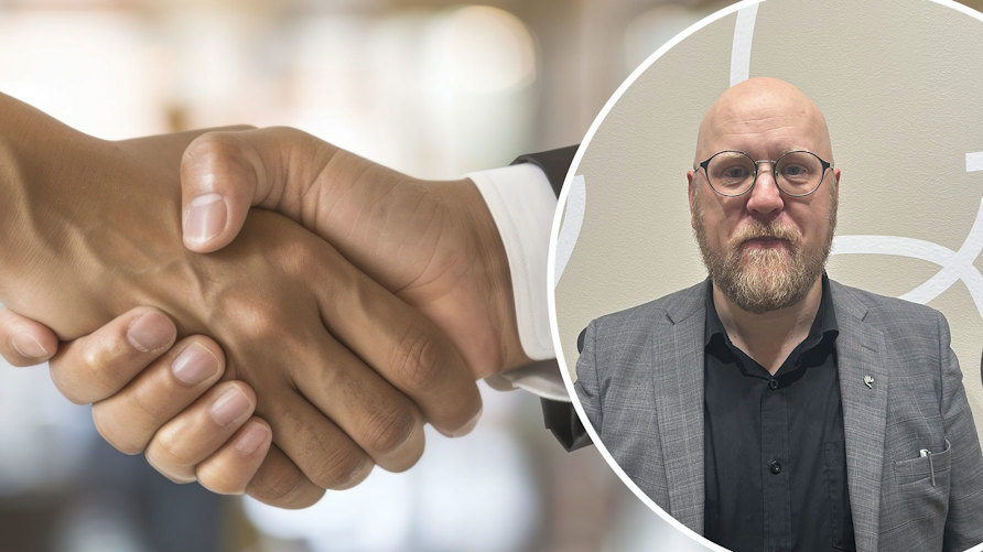 Ett handslag i närbild och en bild på Henric Börefelt Axell