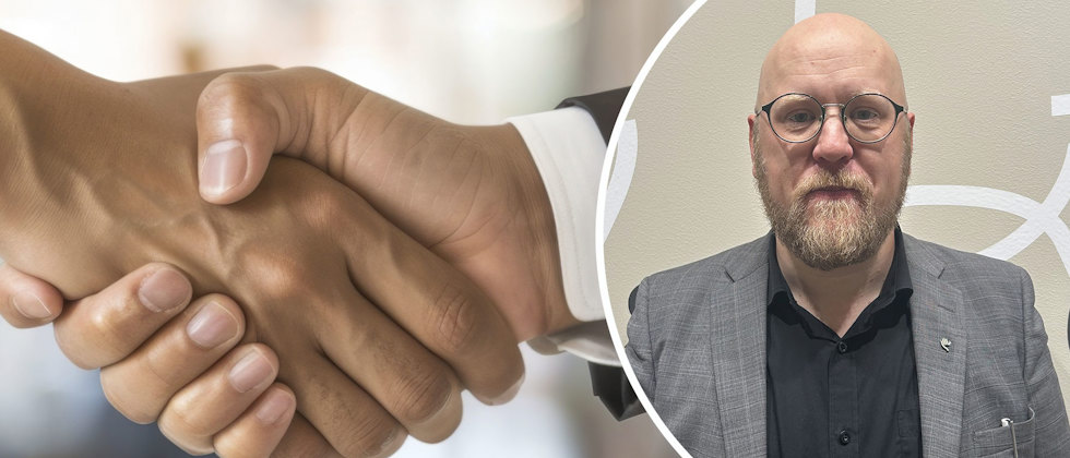 Ett handslag i närbild och en bild på Henric Börefelt Axell