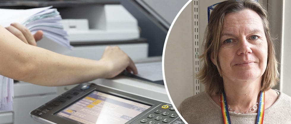 En genrebild av en person som kopierar en tjock bunt papper och en närbild av Anna Nord
