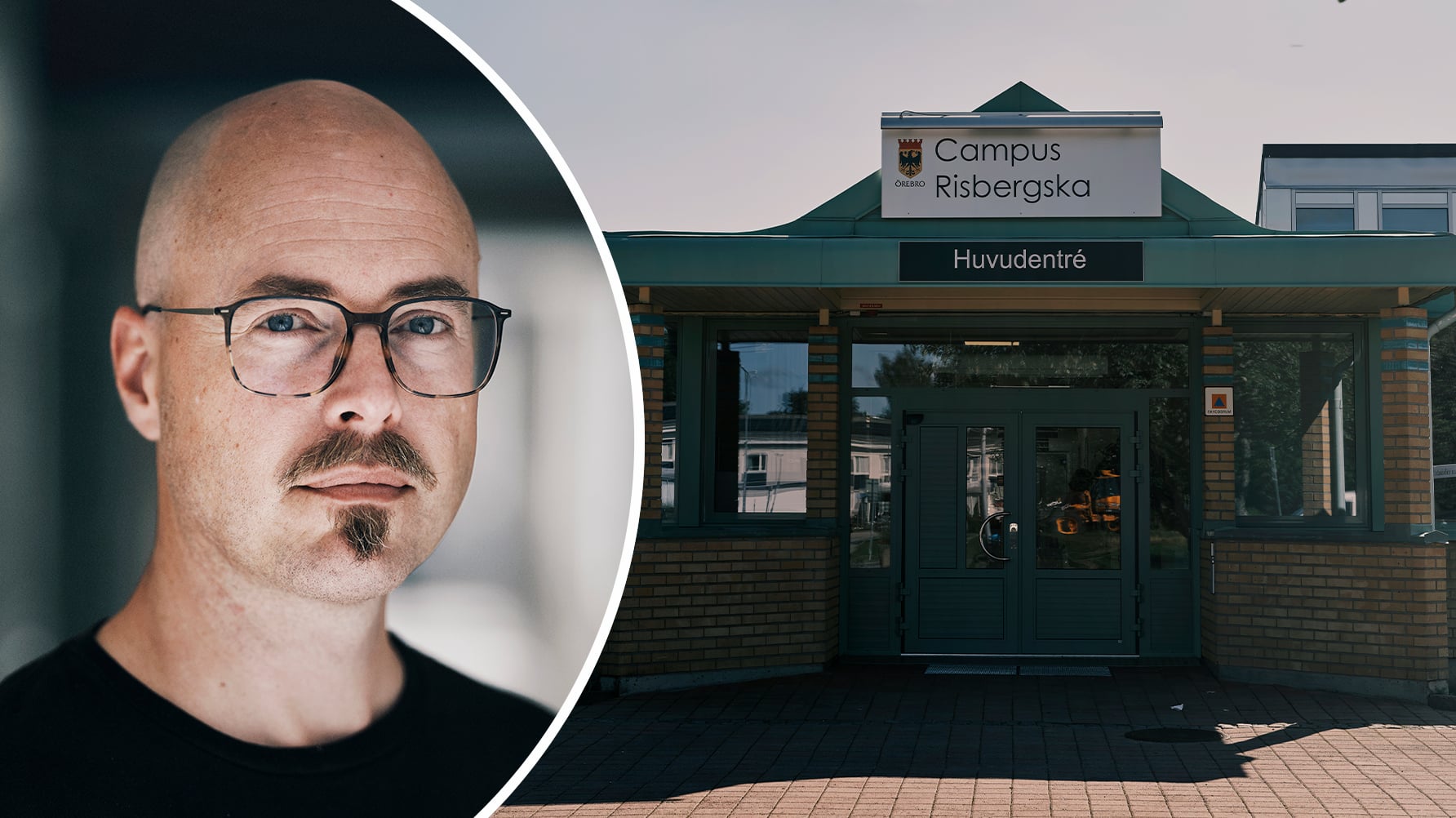 En bild av entrén till Campus Risbergska, namnet står på en skylt över ingången, till vänster ett runt infällt porträtt av Petter Kraftling