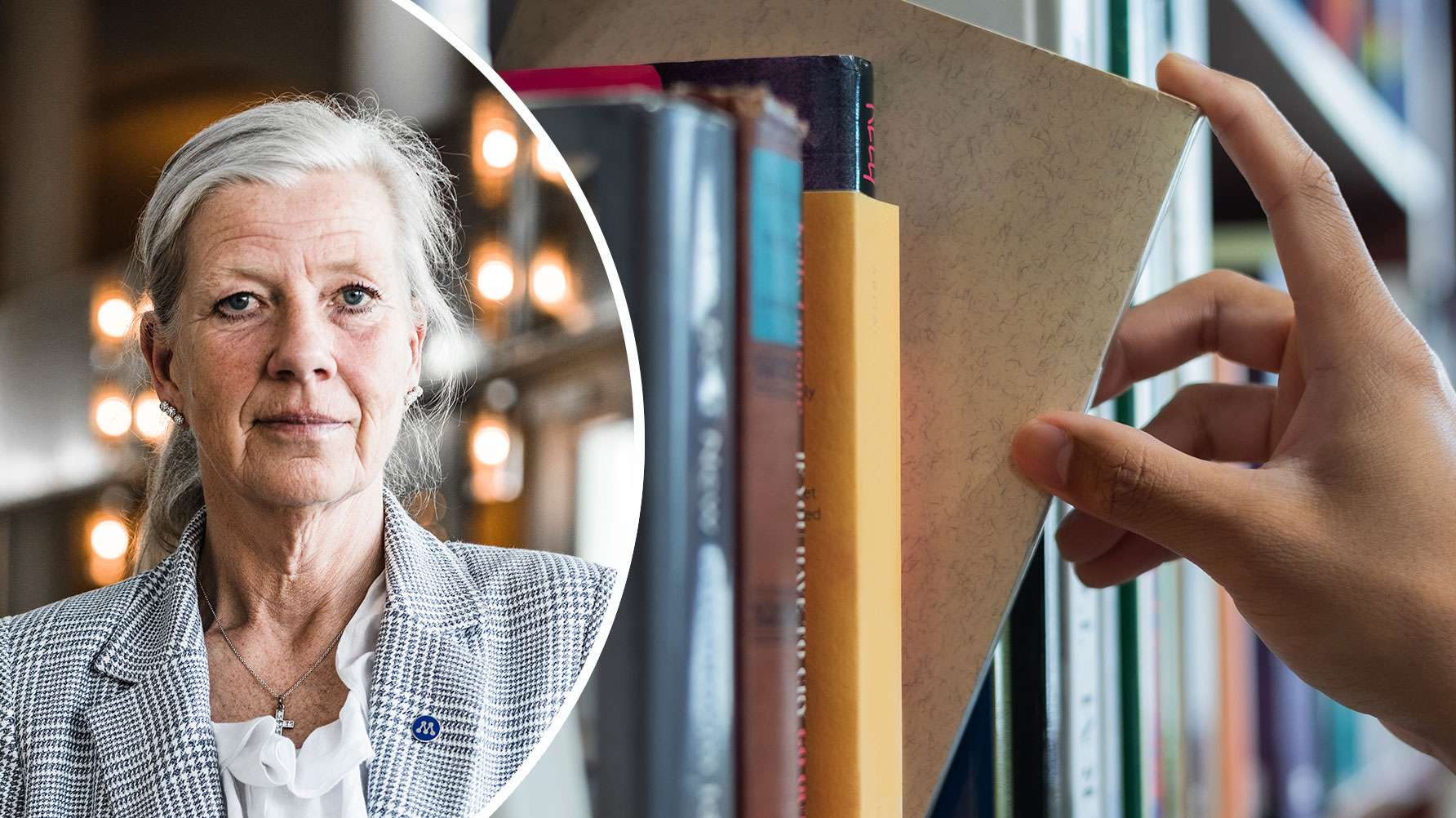 Ett portr&#xE4;tt av Kristina Ax&#xE9;n Olin och en genrebild av en hand som plockar en bok ur en bokhylla